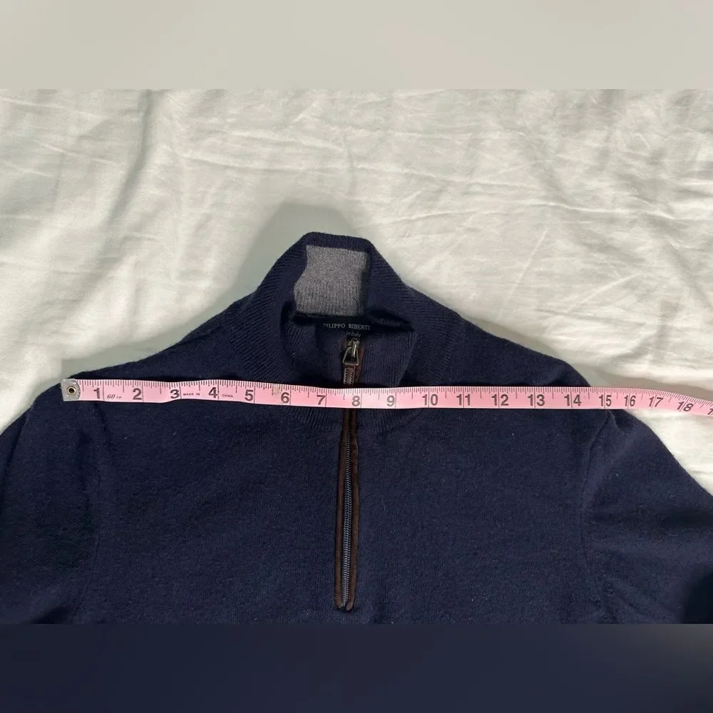 Men’s Filippo Riberti 1/4 ZIP Cashmere Wool Blend Golf Sweater Italy Made Navy L